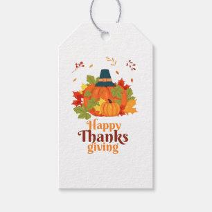 Happy Thanksgiving Pumpkin with Hats and Leaves Gift Tags