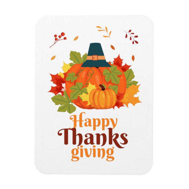Happy Thanksgiving Pumpkin with Hats and Leaves   Magnet (Vertical)