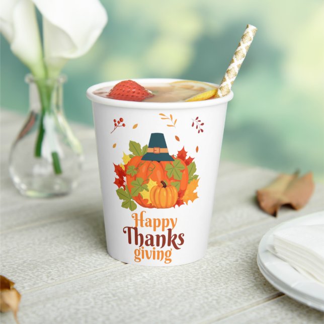 Happy Thanksgiving Pumpkin with Hats and Leaves  Paper Cups (Insitu)