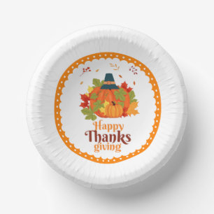 Happy Thanksgiving Pumpkin with Hats and Leaves Paper Plate