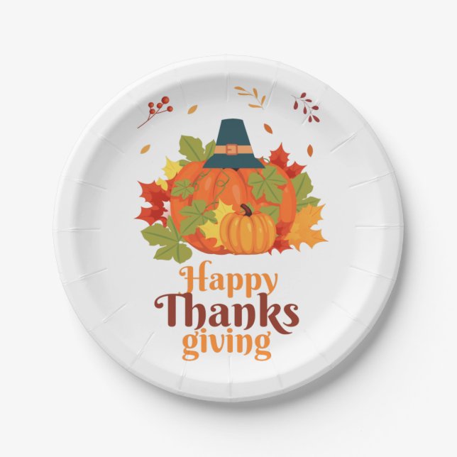 Happy Thanksgiving Pumpkin with Hats  and Leaves Paper Plate (Front)