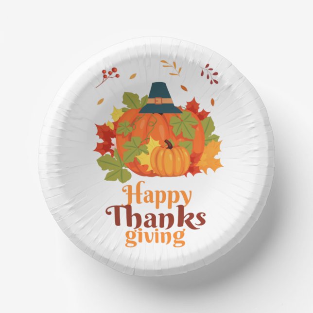 Happy Thanksgiving Pumpkin with Hats  and Leaves Paper Plate (Front)