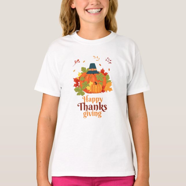 Happy Thanksgiving Pumpkin with Hats  and Leaves T-Shirt (Front)