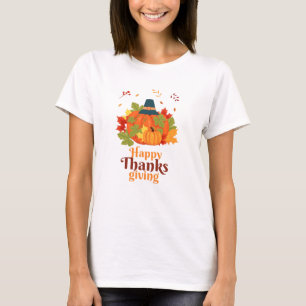 Happy Thanksgiving Pumpkin with Hats  and Leaves   T-Shirt