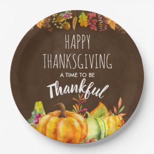 Happy Thanksgiving Pumpkins and Autumn Foliage Paper Plate
