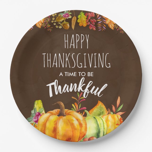 Happy Thanksgiving Pumpkins and Autumn Foliage Paper Plate (Front)