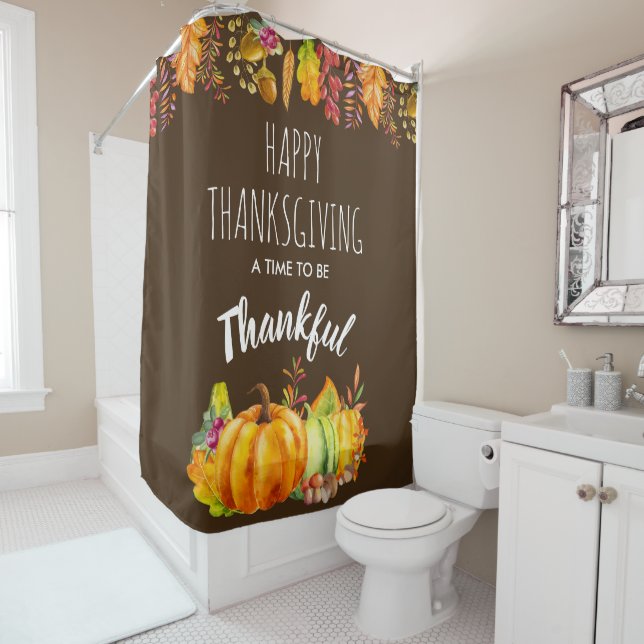 Happy Thanksgiving Pumpkins and Autumn Foliage Shower Curtain (In Situ)