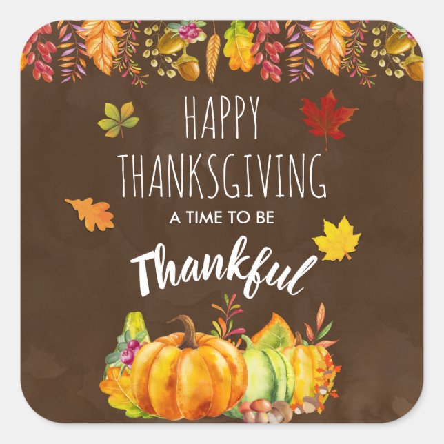 Happy Thanksgiving Pumpkins and Autumn Foliage Square Sticker (Front)