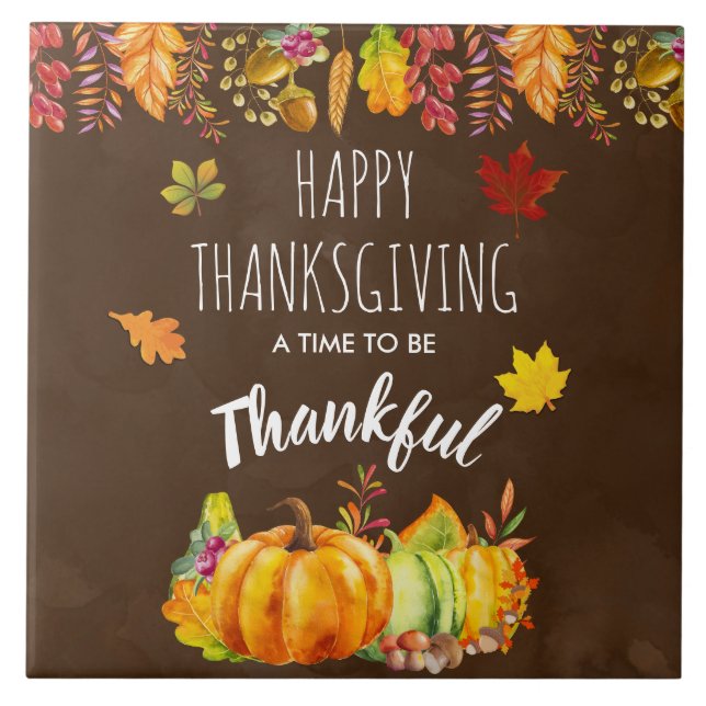Happy Thanksgiving Pumpkins and Autumn Foliage Tile (Front)