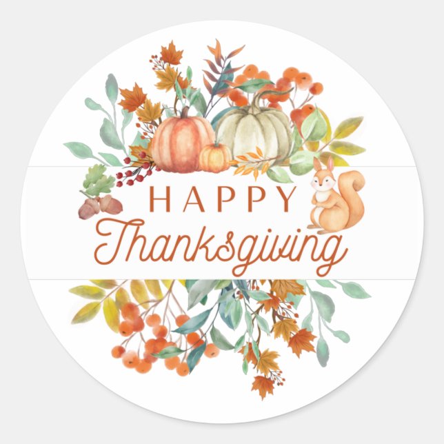 Happy Thanksgiving Pumpkins and Autumn Leaves  Classic Round Sticker (Front)