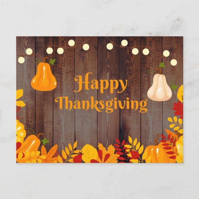 Happy Thanksgiving Pumpkins and Autumn Leaves Holiday Postcard (Front)