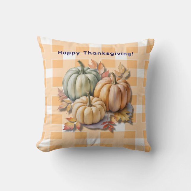 Happy Thanksgiving Pumpkins & Autumn Leaves Cushion (Front)