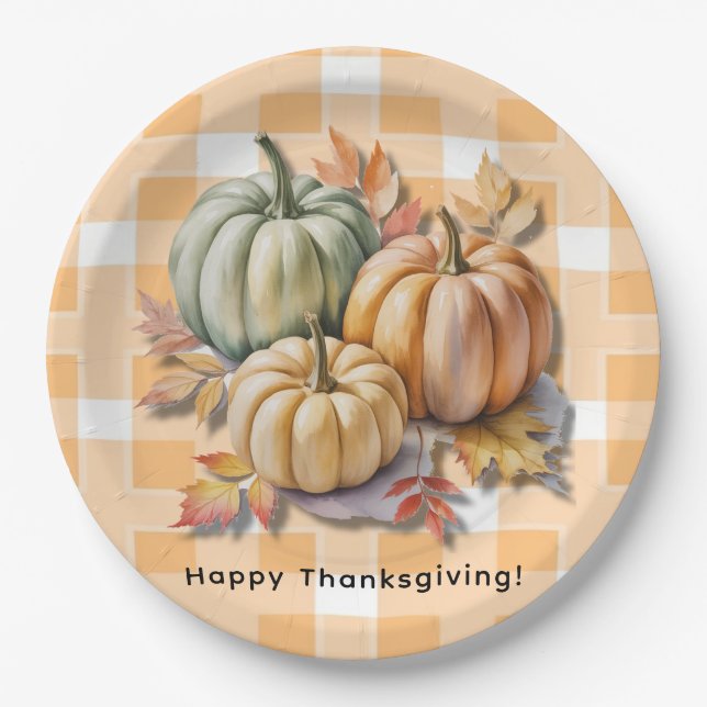 Happy Thanksgiving Pumpkins & Autumn Leaves Paper Plate (Front)