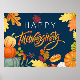 Happy Thanksgiving Pumpkins, Berries and Leaves  Poster