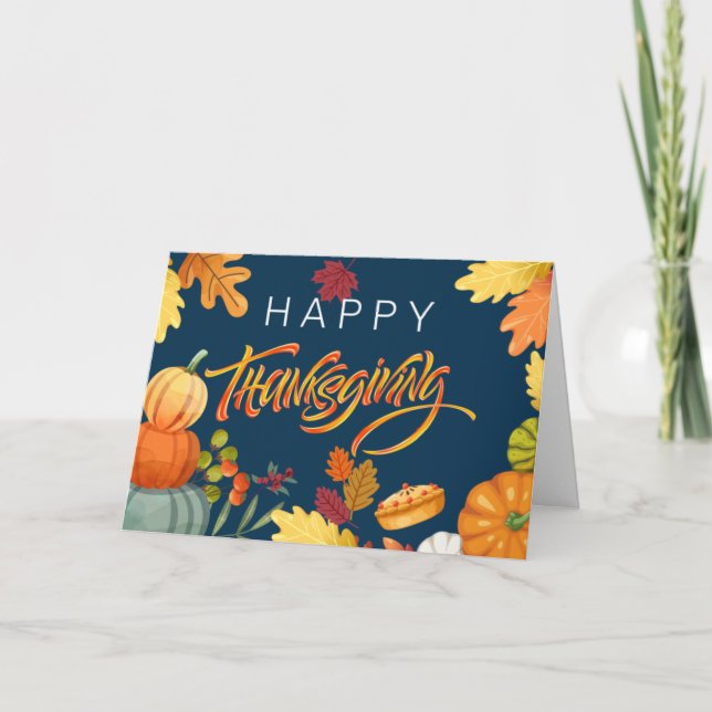 Happy Thanksgiving Pumpkins, Berries and Leaves Thank You Card (Front)