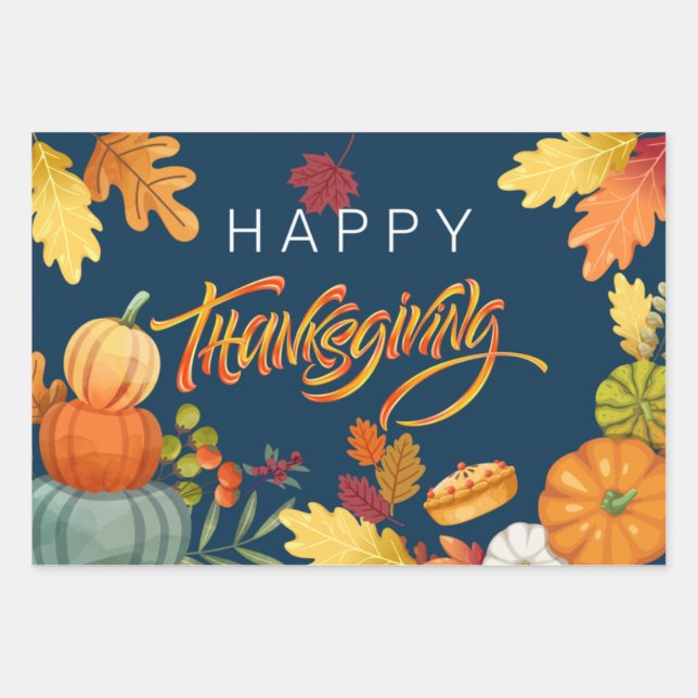 Happy Thanksgiving Pumpkins, Berries and Leaves Wrapping Paper Sheet (Front)