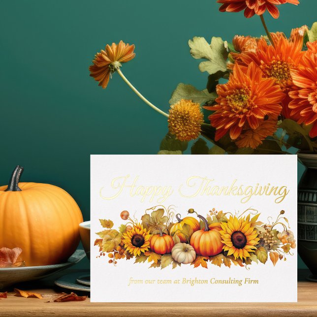 Happy Thanksgiving Pumpkins Custom Business Gold Foil Holiday Card (Creator Uploaded)