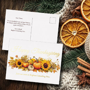 Happy Thanksgiving Pumpkins Custom Company Gold Foil Holiday Postcard