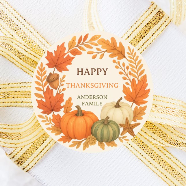 Happy Thanksgiving pumpkins fall foliage beige Classic Round Sticker (Creator Uploaded)