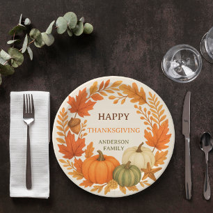 Happy Thanksgiving pumpkins fall foliage beige Paper Plate