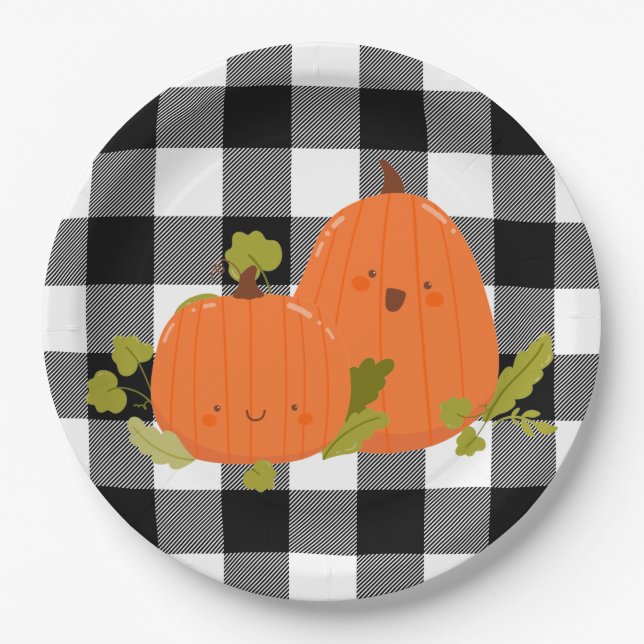 Happy Thanksgiving Pumpkins On Plaid Paper Plate (Front)