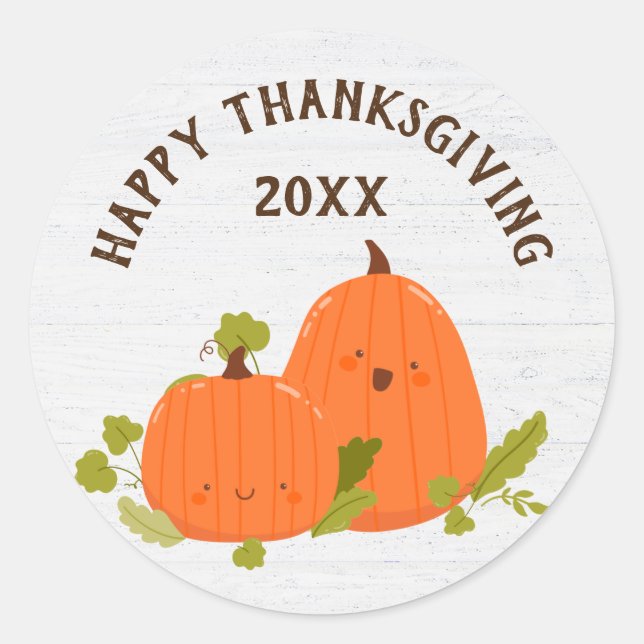 Happy Thanksgiving Pumpkins On Wood Classic Round Sticker (Front)