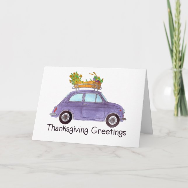 Happy Thanksgiving Purple Retro Fiat 500 Card (Front)