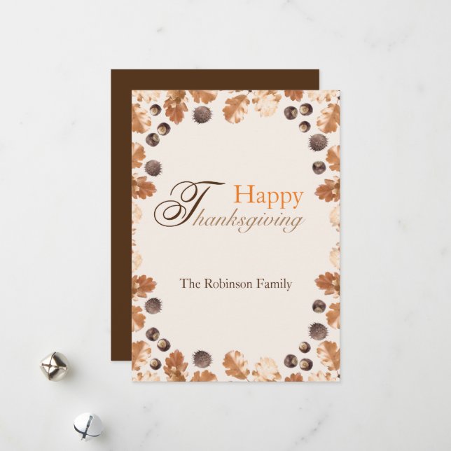 Happy Thanksgiving Quote Brown Fall Leaves Conkers Holiday Card (Front/Back In Situ)