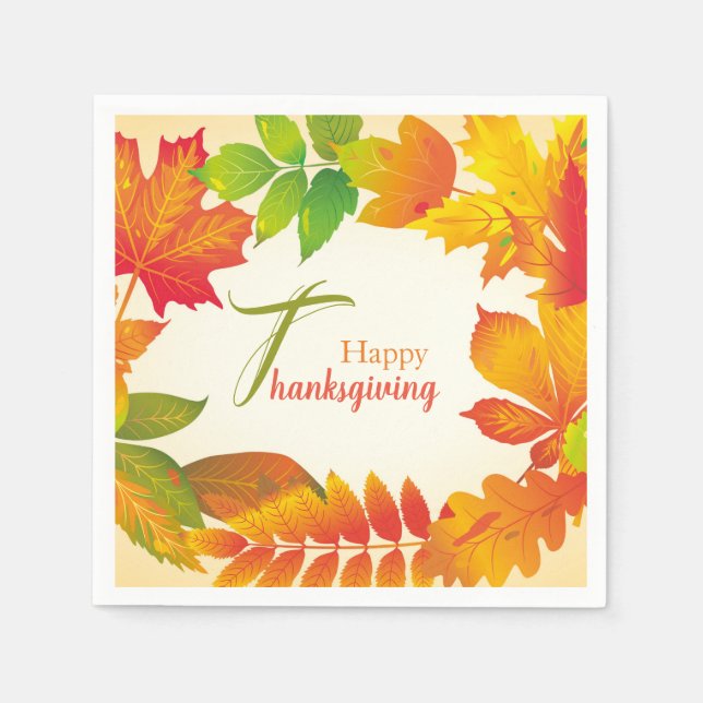 Happy Thanksgiving Quote Fall Leaves Wreath Paper Napkin (Front)