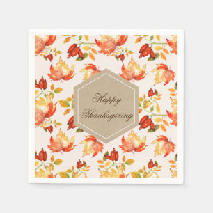 Happy Thanksgiving Quote Label Orange Fall Leaves Napkin