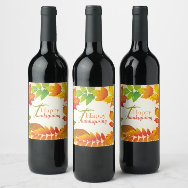 Happy Thanksgiving Quote Orange Fall Leaves Wreath Wine Label (Bottles)