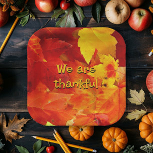 Happy Thanksgiving Red Autumn Leaves Paper Plate