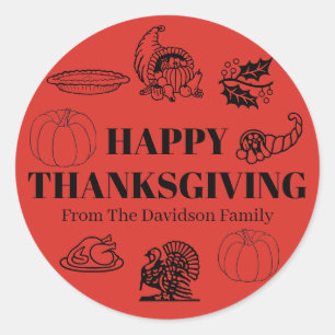 Happy Thanksgiving red custom name gift favour Classic Round Sticker