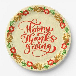 Happy Thanksgiving Red Gold Wreath 9" Paper Plate