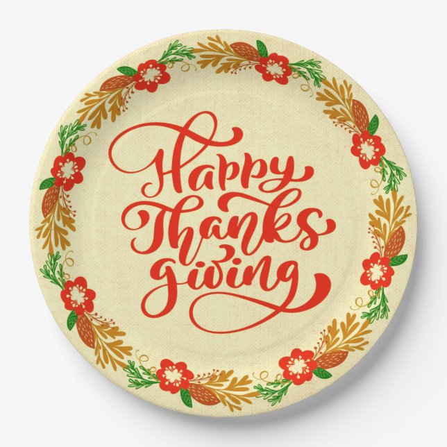 Happy Thanksgiving Red Gold Wreath 9" Paper Plate (Front)