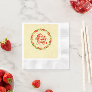 Happy Thanksgiving Red Gold Wreath Cocktail Napkin