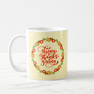 Happy Thanksgiving Red Gold Wreath Coffee Mug