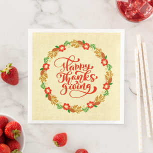 Happy Thanksgiving Red Gold Wreath Dinner Napkin