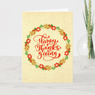 Happy Thanksgiving Red Gold Wreath Greeting Card