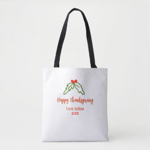 Happy Thanksgiving red green leaves cherry name ye Tote Bag
