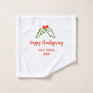 Happy Thanksgiving red green leaves cherry name ye Wash Cloth