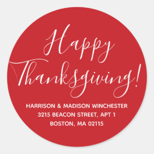 Happy Thanksgiving red white return address Classic Round Sticker