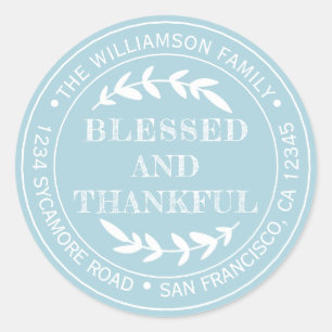 Happy Thanksgiving Return Address Blue Glow Classic Round Sticker