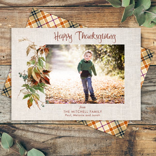 Happy Thanksgiving Rustic Autumn Leaves Photo Holiday Card (Creator Uploaded)
