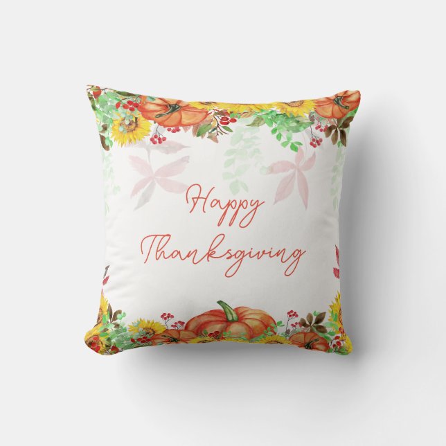 Happy Thanksgiving Rustic Floral Pumpkin Cushion (Front)