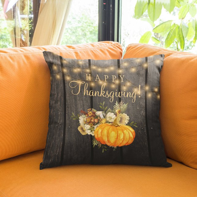 Happy Thanksgiving rustic pumpkin floral wood Cushion (Creator Uploaded)