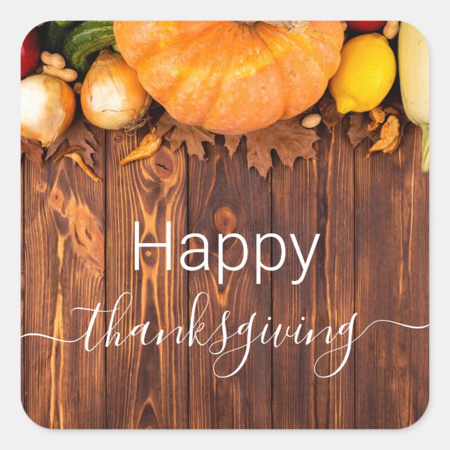 happy thanksgiving, rustic wood simple holiday square sticker (Front)