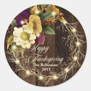 Happy Thanksgiving - Rustic Woodsy Lighted Wreath  Classic Round Sticker