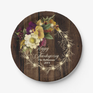 Happy Thanksgiving - Rustic Woodsy Lighted Wreath Paper Plate