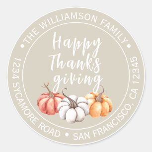 Happy Thanksgiving Sand Beige Name Return Address  Classic Round Sticker
